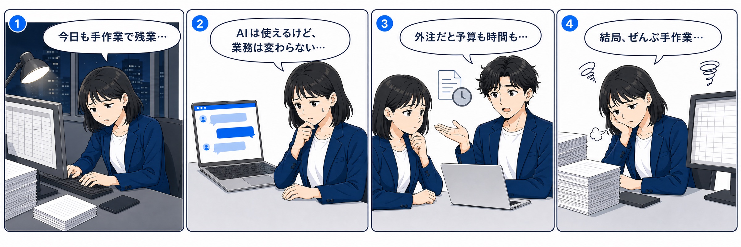 受講前の4コマ漫画: 今日も手作業で残業 → AIは使えるけど業務は変わらない → 外注だと予算も時間も足りない → 結局、ぜんぶ手作業