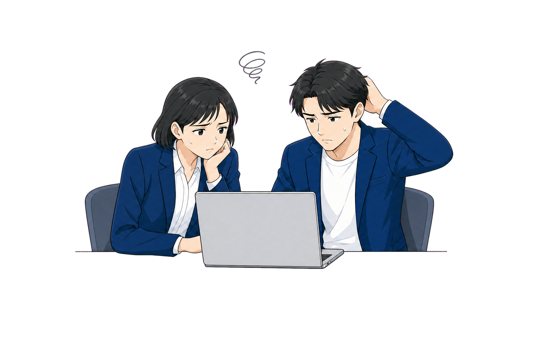 AIチャットの画面を前に悩む2人のビジネスパーソン
