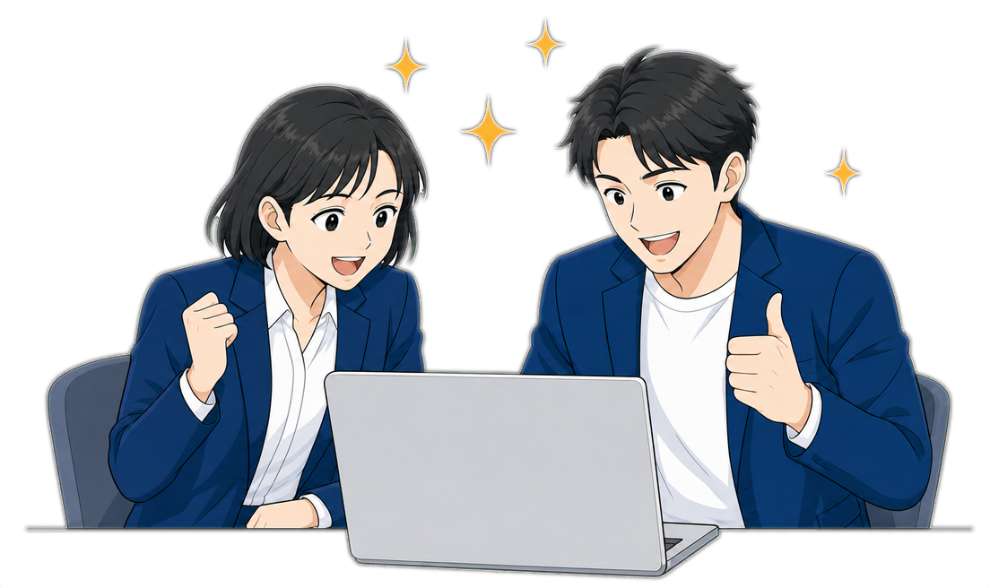完成したアプリのダッシュボードを前に喜ぶ2人のビジネスパーソン